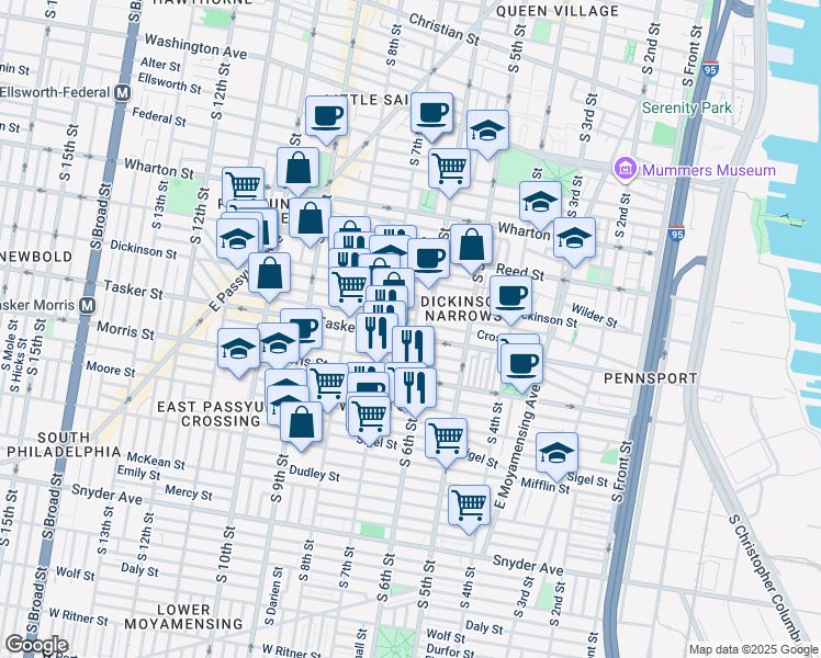 map of restaurants, bars, coffee shops, grocery stores, and more near 1528 South Marshall Street in Philadelphia
