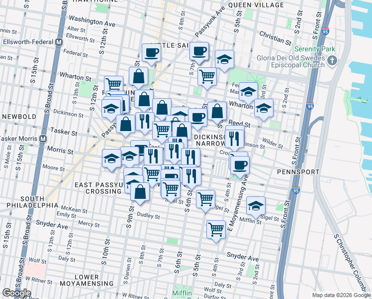 map of restaurants, bars, coffee shops, grocery stores, and more near 619 Fernon Street in Philadelphia