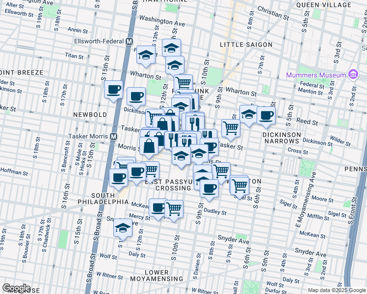 map of restaurants, bars, coffee shops, grocery stores, and more near 1640 South 10th Street in Philadelphia