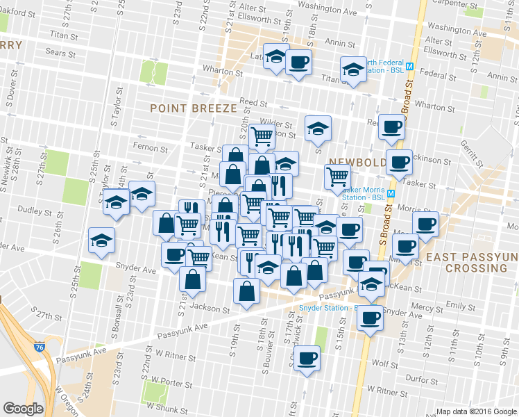map of restaurants, bars, coffee shops, grocery stores, and more near 1854 McClellan Street in Philadelphia