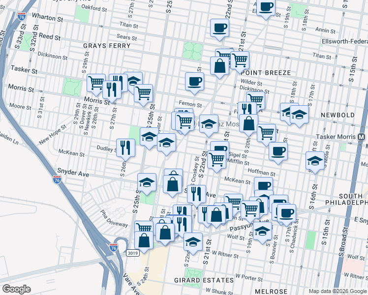 map of restaurants, bars, coffee shops, grocery stores, and more near 1910 South Bonsall Street in Philadelphia