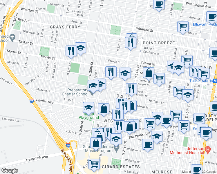 map of restaurants, bars, coffee shops, grocery stores, and more near 1910 South Bonsall Street in Philadelphia