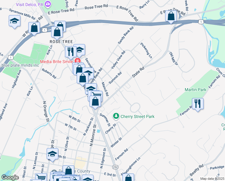 map of restaurants, bars, coffee shops, grocery stores, and more near 34 State Road in Media
