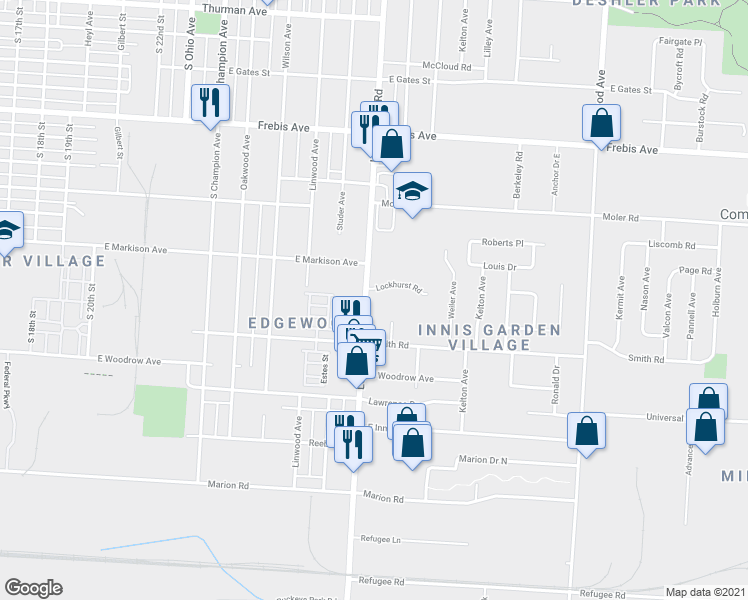 map of restaurants, bars, coffee shops, grocery stores, and more near 1801 Lockbourne Road in Columbus
