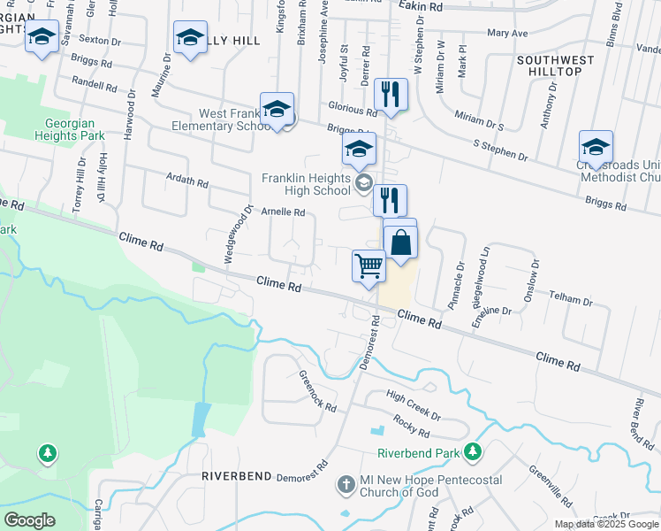 map of restaurants, bars, coffee shops, grocery stores, and more near 3600 Clime Road in Columbus