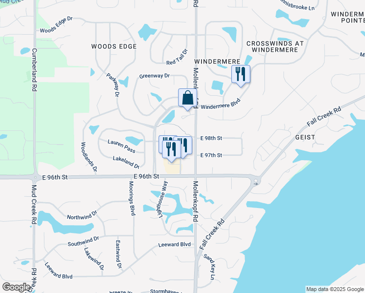 map of restaurants, bars, coffee shops, grocery stores, and more near 10610 East 96th Street in Fishers