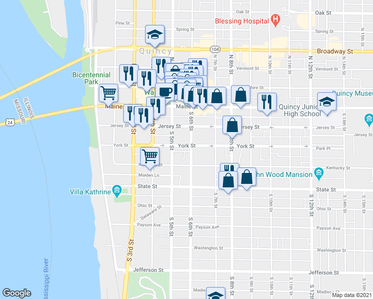 map of restaurants, bars, coffee shops, grocery stores, and more near 330 South 6th Street in Quincy