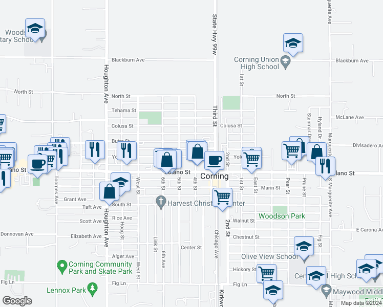 map of restaurants, bars, coffee shops, grocery stores, and more near 618 4th Street in Corning