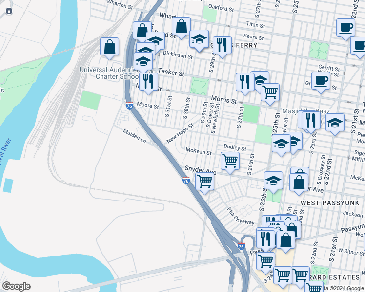 map of restaurants, bars, coffee shops, grocery stores, and more near 1941 South 30th Street in Philadelphia