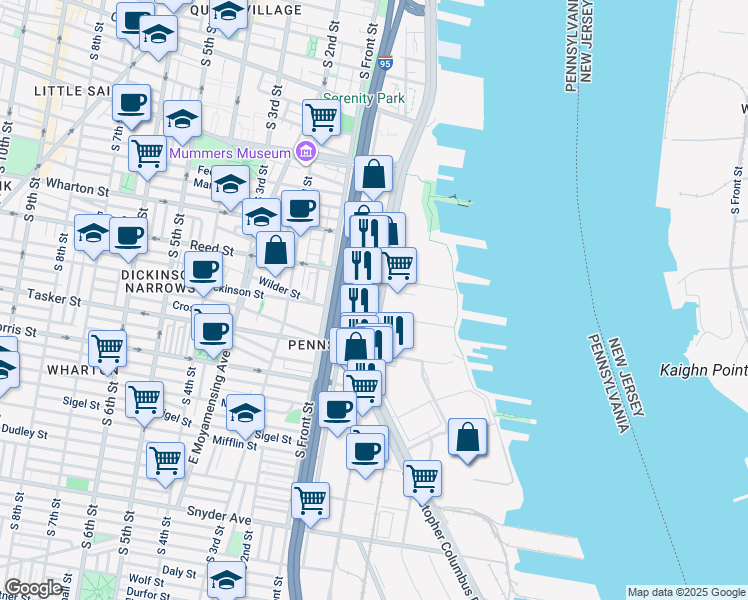 map of restaurants, bars, coffee shops, grocery stores, and more near 1412 South Christopher Columbus Boulevard in Philadelphia