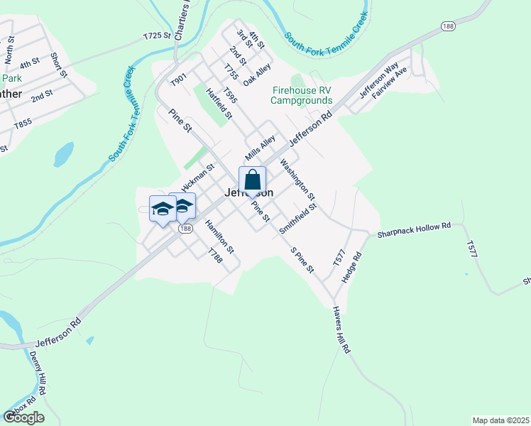 map of restaurants, bars, coffee shops, grocery stores, and more near 117 South Pine Street in Jefferson