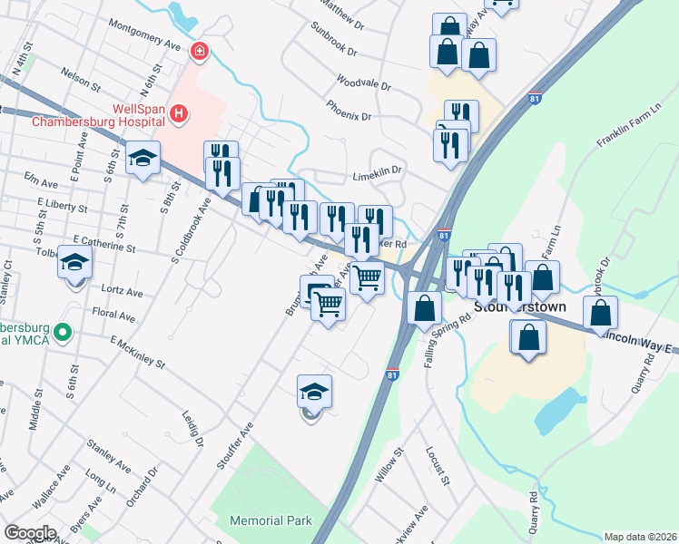 map of restaurants, bars, coffee shops, grocery stores, and more near 320 Stouffer Avenue in Chambersburg