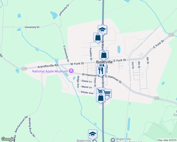 map of restaurants, bars, coffee shops, grocery stores, and more near 32 High Street in Biglerville