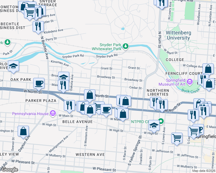 map of restaurants, bars, coffee shops, grocery stores, and more near 217 North Shaffer Street in Springfield