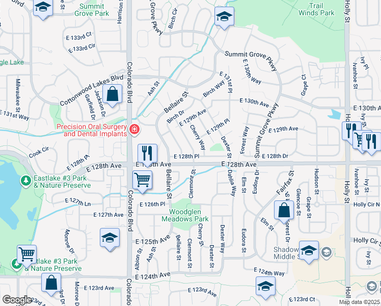 map of restaurants, bars, coffee shops, grocery stores, and more near 12805 Clermont Street in Thornton