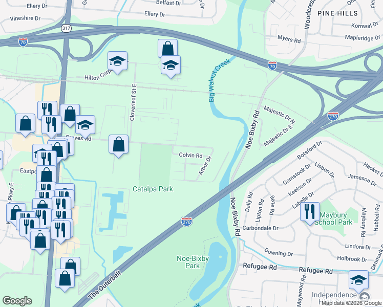 map of restaurants, bars, coffee shops, grocery stores, and more near 2341 Arbor Drive in Columbus