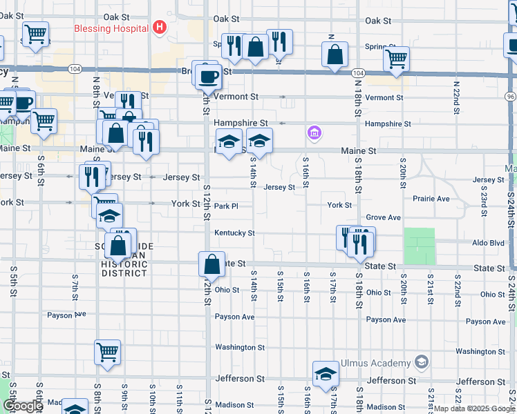 map of restaurants, bars, coffee shops, grocery stores, and more near 321-325 South 14th Street in Quincy