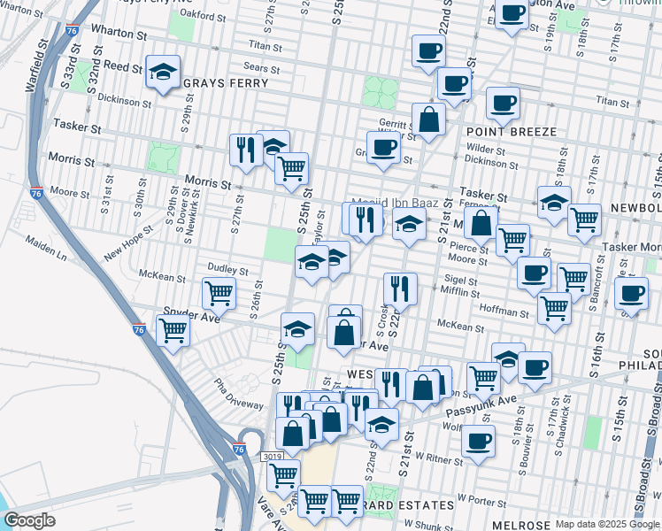 map of restaurants, bars, coffee shops, grocery stores, and more near 1850 South 24th Street in Philadelphia
