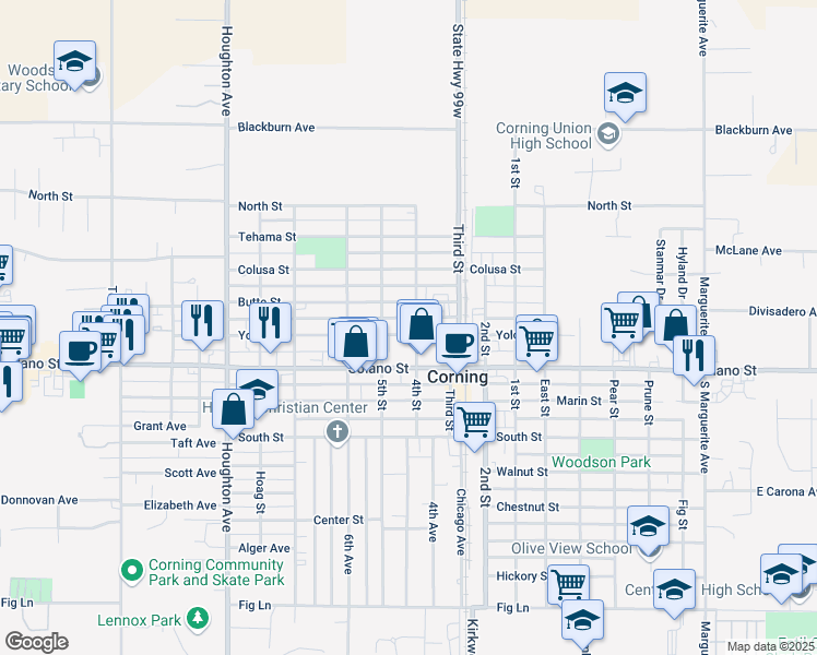 map of restaurants, bars, coffee shops, grocery stores, and more near 710 4th St in Corning