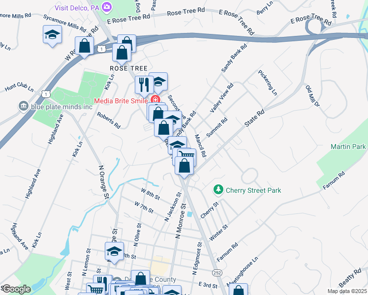 map of restaurants, bars, coffee shops, grocery stores, and more near 48 Greenhill Road in Media