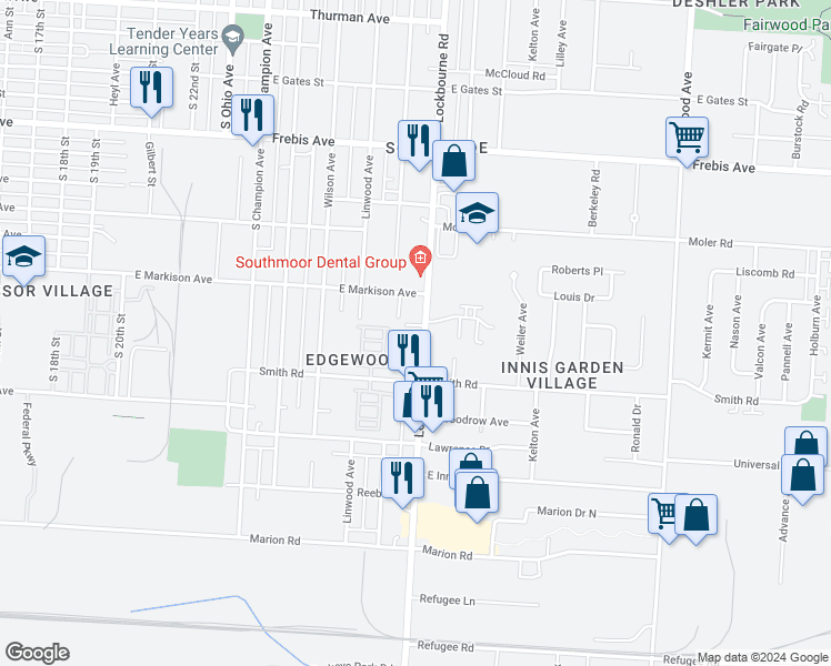 map of restaurants, bars, coffee shops, grocery stores, and more near 1801 Lockbourne Road in Columbus