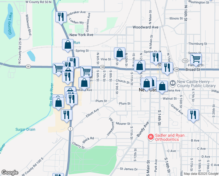 map of restaurants, bars, coffee shops, grocery stores, and more near 304 S 7th St in New Castle