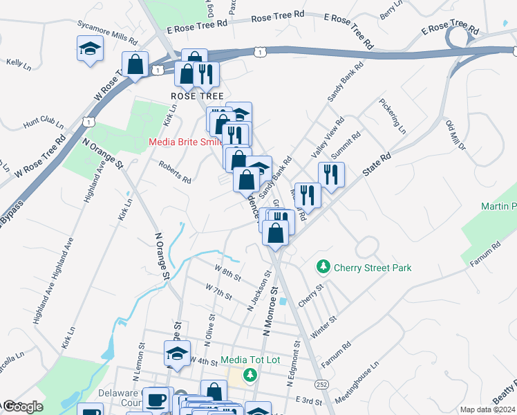 map of restaurants, bars, coffee shops, grocery stores, and more near 1 Sandy Bank Road in Media