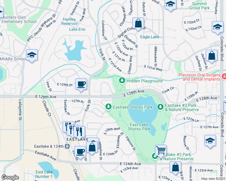 map of restaurants, bars, coffee shops, grocery stores, and more near 12802 Columbine Circle in Thornton