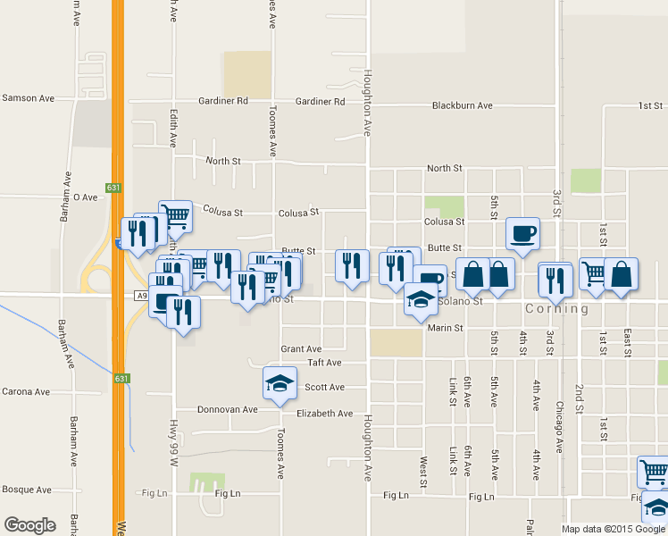map of restaurants, bars, coffee shops, grocery stores, and more near 650 Fairview Avenue in Corning