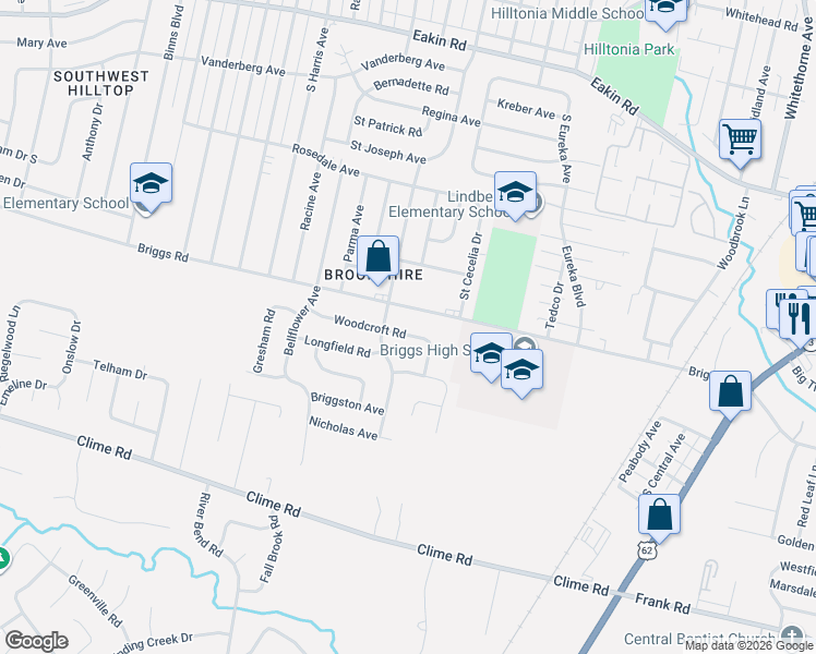 map of restaurants, bars, coffee shops, grocery stores, and more near 2745 Woodcroft Road in Columbus