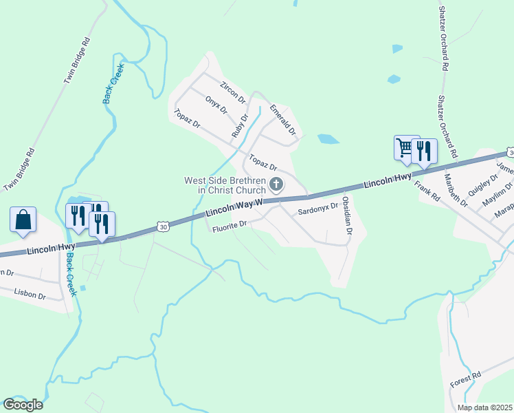 map of restaurants, bars, coffee shops, grocery stores, and more near 59 Flourite Drive in Chambersburg