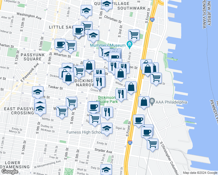 map of restaurants, bars, coffee shops, grocery stores, and more near 1506 East Moyamensing Avenue in Philadelphia