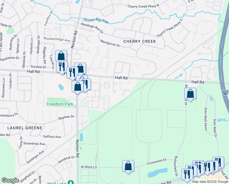 map of restaurants, bars, coffee shops, grocery stores, and more near 1066 New Dawn Lane in Columbus