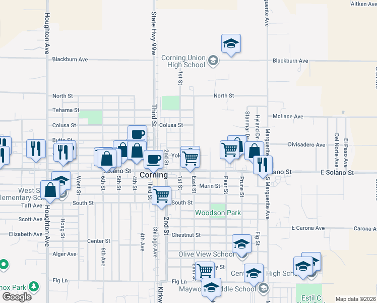 map of restaurants, bars, coffee shops, grocery stores, and more near 810 Yolo Street in Corning
