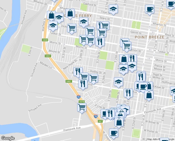 map of restaurants, bars, coffee shops, grocery stores, and more near 1925 S 28th St in Philadelphia