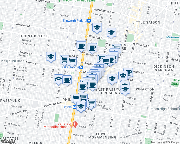 map of restaurants, bars, coffee shops, grocery stores, and more near 1307 Morris Street in Philadelphia