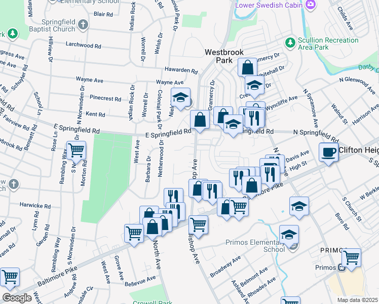 map of restaurants, bars, coffee shops, grocery stores, and more near 114 South Bishop Avenue in Springfield