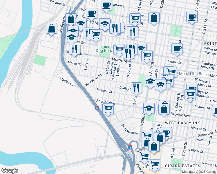 map of restaurants, bars, coffee shops, grocery stores, and more near 1928 South Newkirk Street in Philadelphia