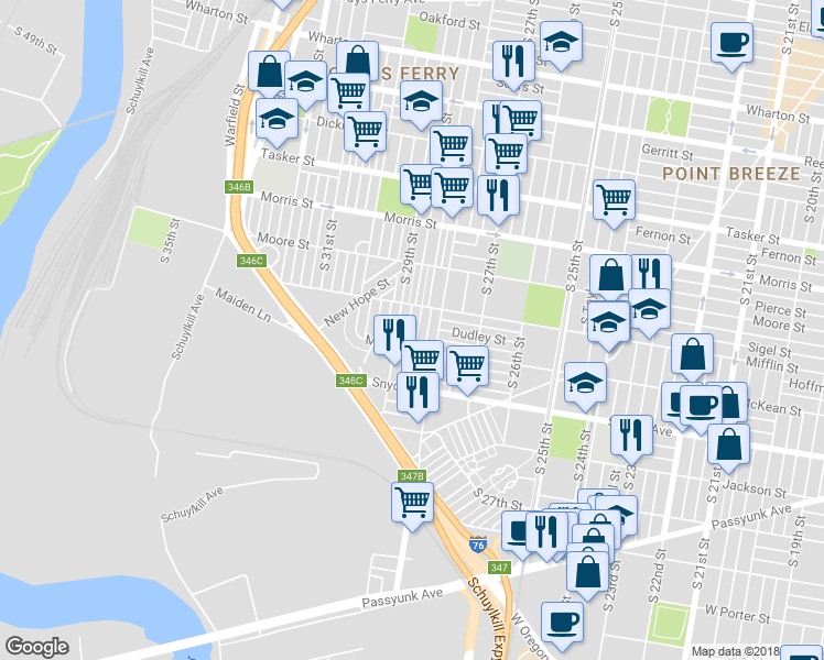 map of restaurants, bars, coffee shops, grocery stores, and more near 1928 South Newkirk Street in Philadelphia