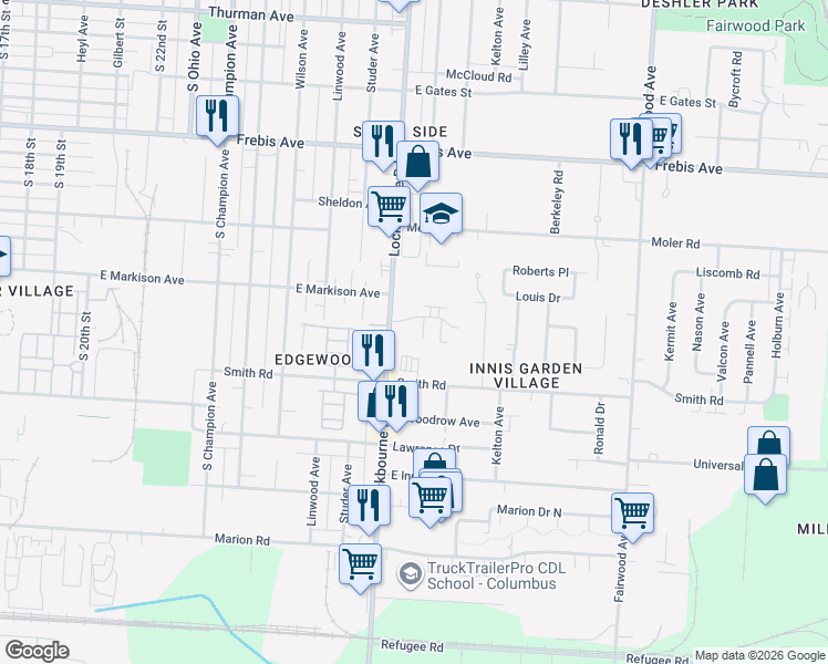 map of restaurants, bars, coffee shops, grocery stores, and more near 1181 Lockhurst Road in Columbus