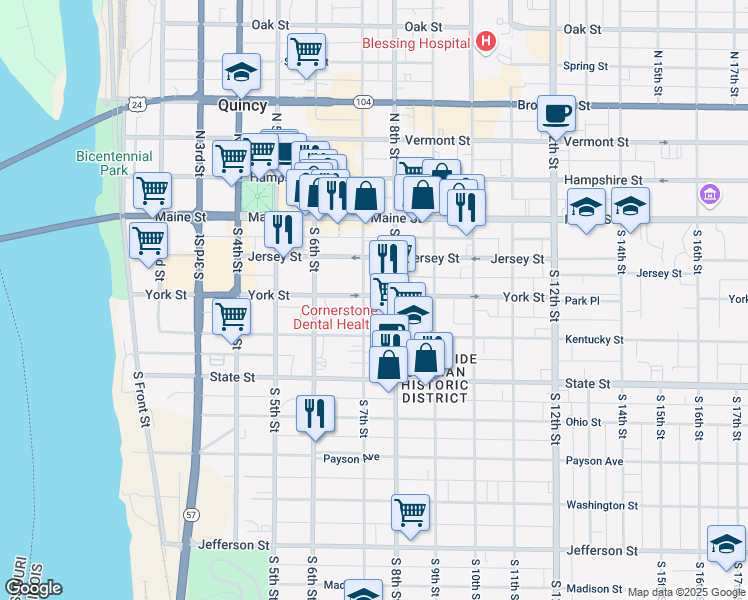 map of restaurants, bars, coffee shops, grocery stores, and more near 327 South 7th Street in Quincy