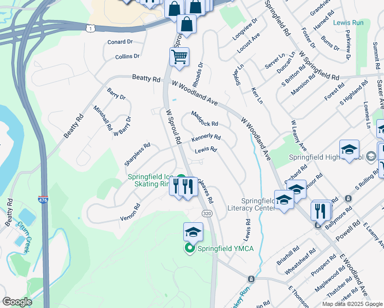 map of restaurants, bars, coffee shops, grocery stores, and more near 376 Lewis Road in Springfield