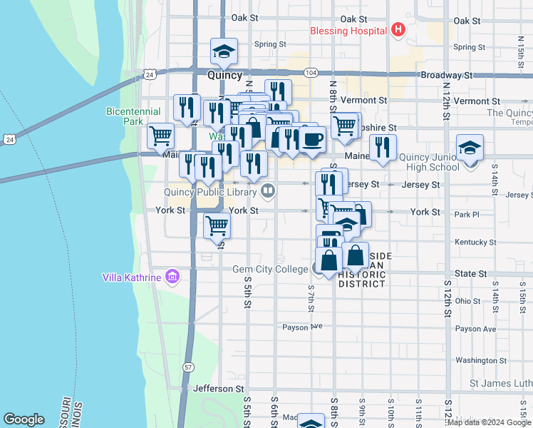 map of restaurants, bars, coffee shops, grocery stores, and more near 528 York Street in Quincy