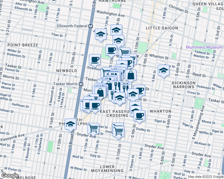 map of restaurants, bars, coffee shops, grocery stores, and more near 1635 East Passyunk Avenue in Philadelphia