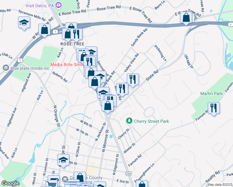 map of restaurants, bars, coffee shops, grocery stores, and more near 28 Mancil Road in Media