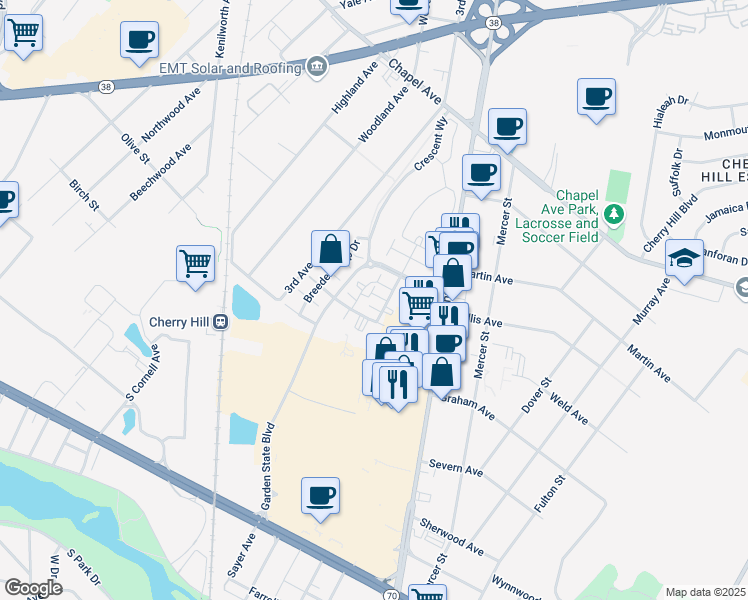 map of restaurants, bars, coffee shops, grocery stores, and more near 258 Derby Court in Cherry Hill