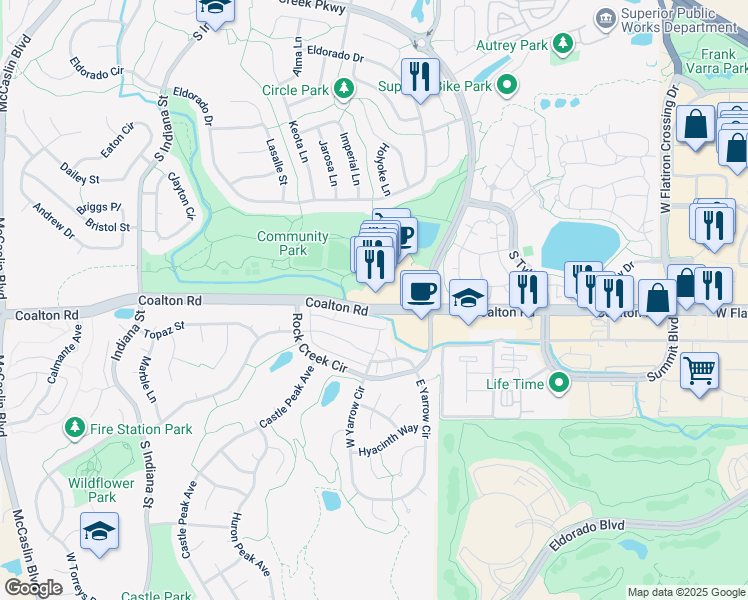 map of restaurants, bars, coffee shops, grocery stores, and more near 2855 Rock Creek Circle in Superior