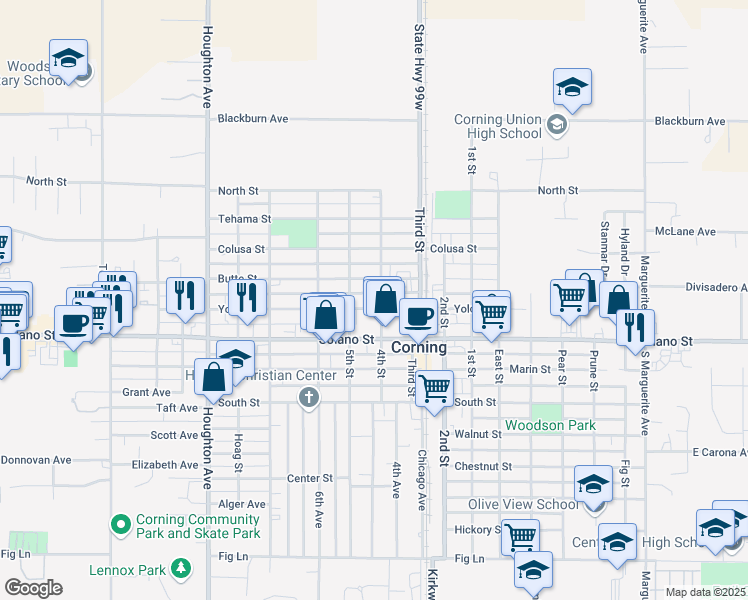 map of restaurants, bars, coffee shops, grocery stores, and more near 618 4th Street in Corning