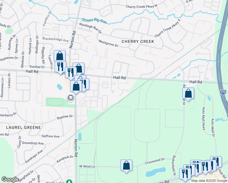 map of restaurants, bars, coffee shops, grocery stores, and more near 1066 New Dawn Lane in Columbus