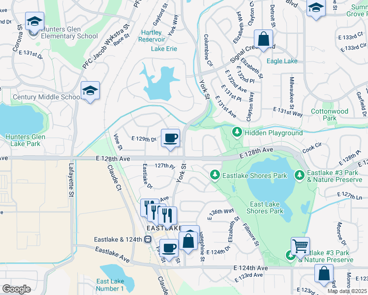map of restaurants, bars, coffee shops, grocery stores, and more near York Street in Denver